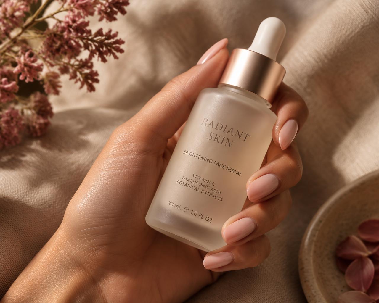 Close-up of a manicured hand holding a skincare serum bottle