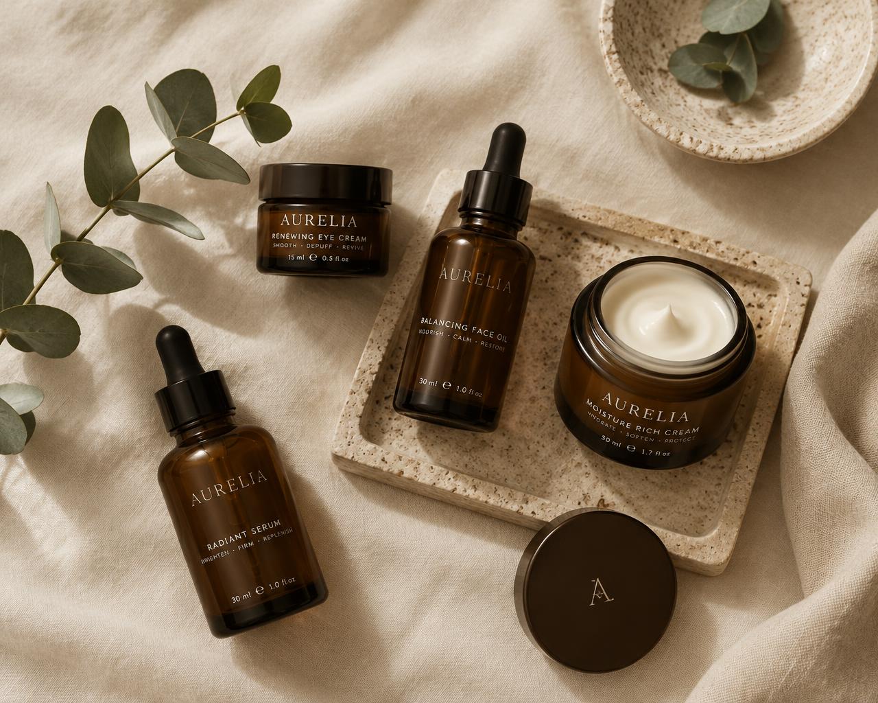 Minimalist skincare flat lay with amber bottles on ivory linen